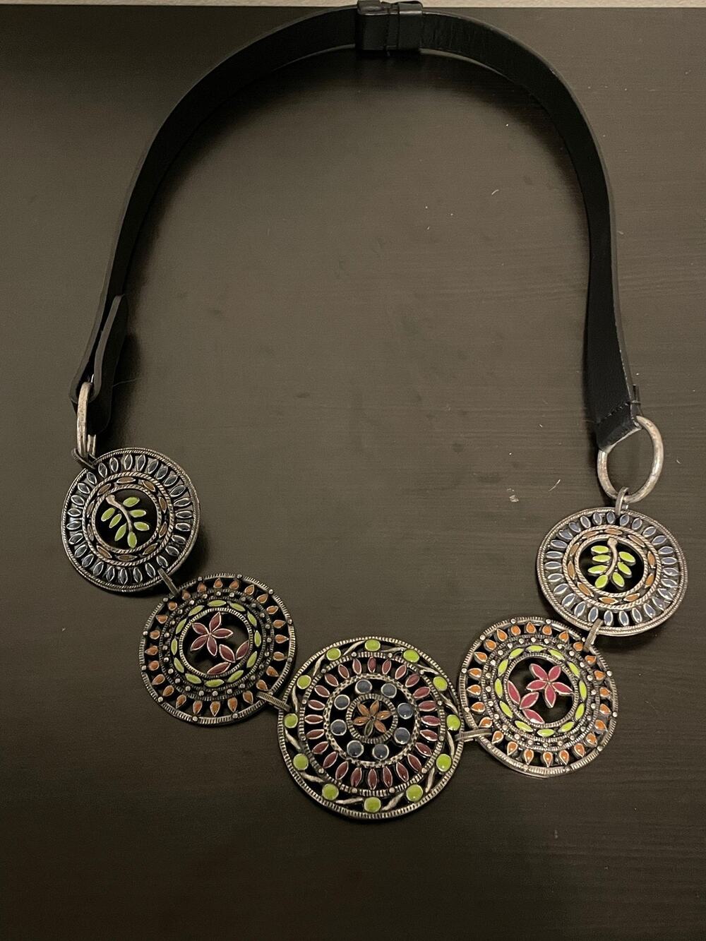 Womens Concho Belt Size XL Black Medallion Metal Boho Western Adjustable